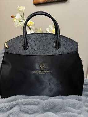 Valentino Sabatini Vintage Black Ostrich Leather/Satin Tote Bag EUC retail $120